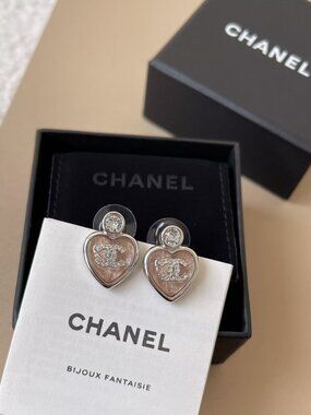 CHANEL Peach Heart Crystal CC Stud